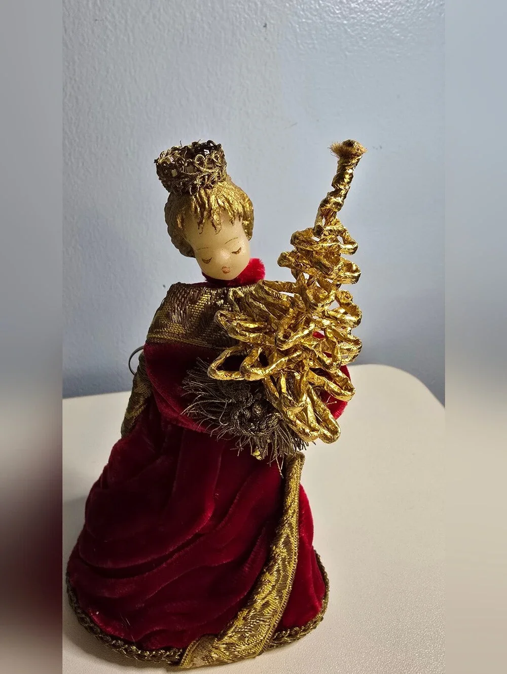 Vintage Koestel German Wax Angel Christmas Velvet Gown Red MISSING WINGS